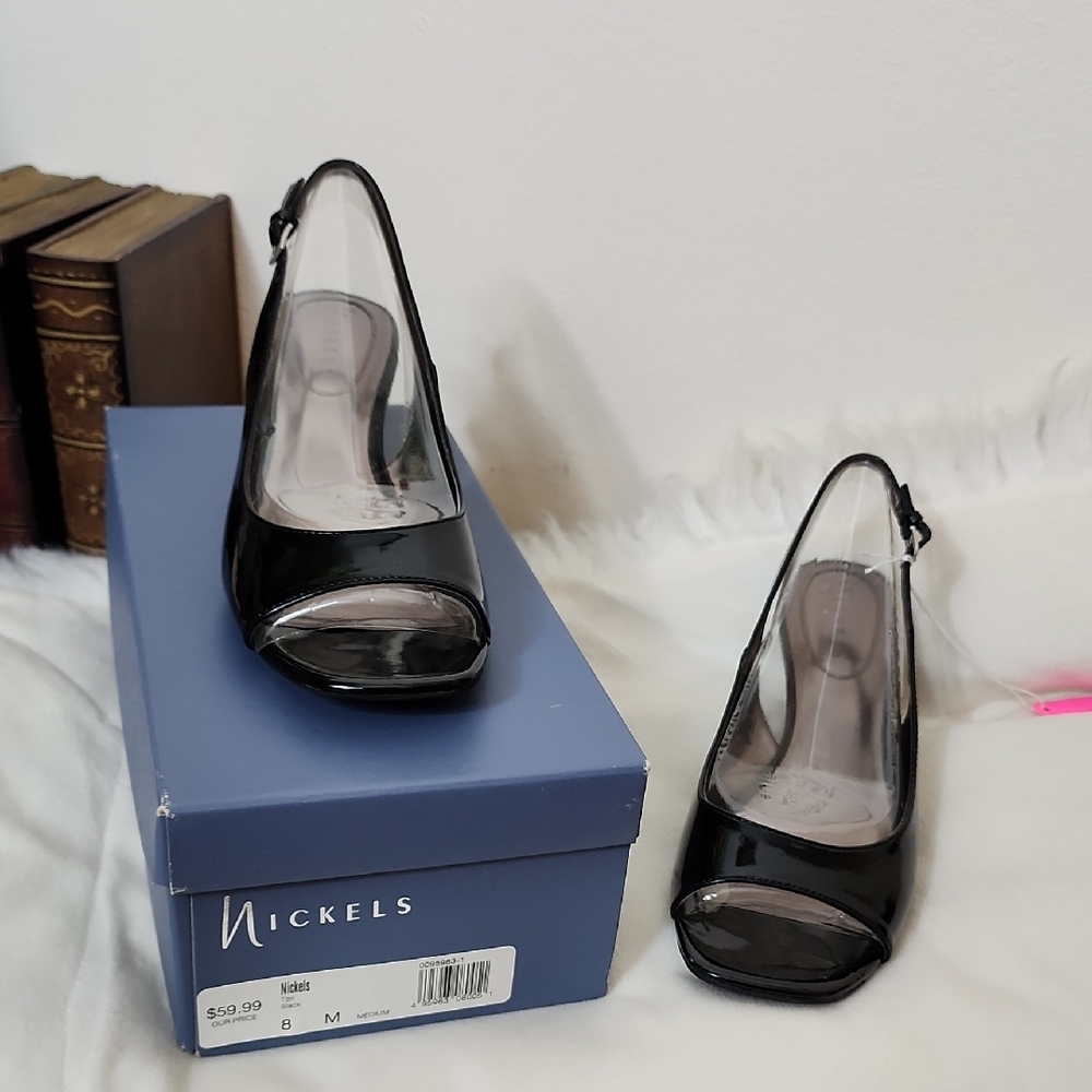 Nickels Glossy Black Peep Toe Heels Slingback Shoes Womens Classic